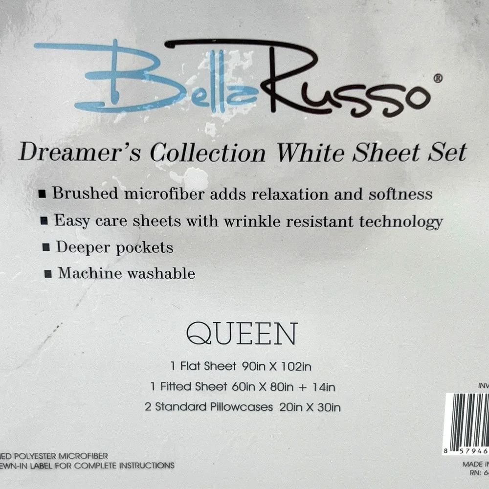 Bella Russo White Microfiber Queen Sheet Set New in Package Flat Fitted 2 Pillow